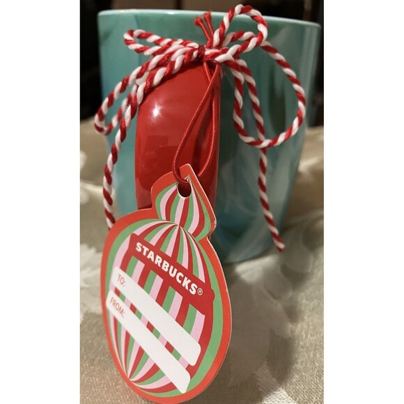 Starbucks Christmas Green Marbled Coffee Mug 12 Oz Red Handle Holiday Season - Picture 6 of 7